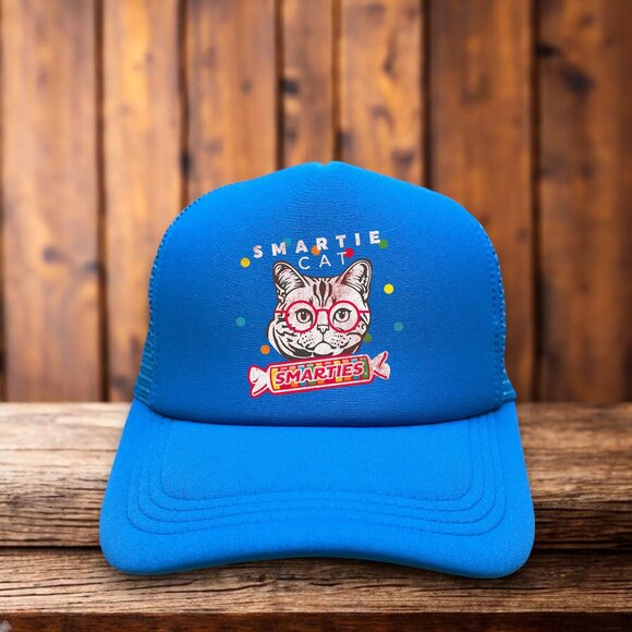Smarties Candy Cat Unisex Trucker Hat Bright Blue 80s Retro Logo Vintage Candy - Picture 1 of 4